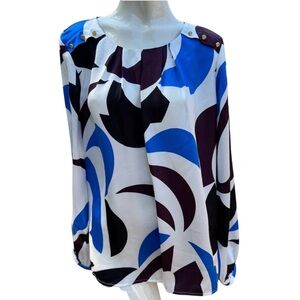 Liz Clairborne Women's Blue Black White Long Sleeve Blouse Size Large